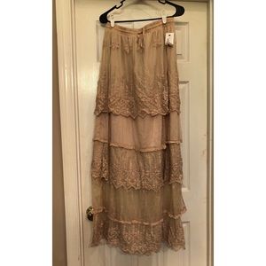 Soieblu Beige Lace Tiered Maxi Skirt